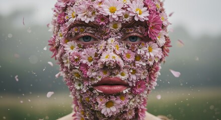 Face Covered in Flowers, Pink and White Blooms.