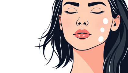 Close-up of a serene woman with closed eyes showcasing natural beauty and skin care products on her face with a minimalist background