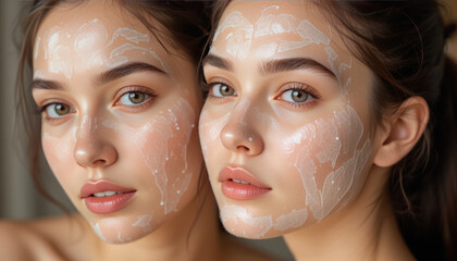 Close-Up of Two Young Women with Facial Masks on Fresh and Radiant Skin in a Soft Light Setting