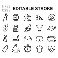 Running sport icon set. Thin line style vectors. Contains icons such as running, shoes, track, and more.