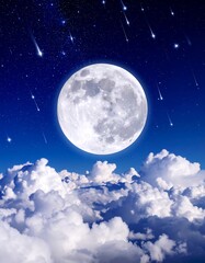Fototapeta premium Full moon night sky with shooting stars and clouds