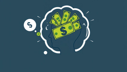 Conceptual illustration of a person's head filled with cash and money bills symbolizing financial thoughts and economic mindset
