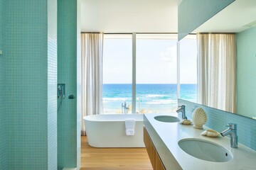 Modern Coastal Bathroom With Ocean View And Bathtub