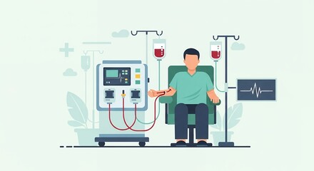 Man Receiving Dialysis Treatment Connected to a Machine with Medical Equipment Teal and Light Green Background