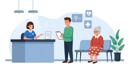Medical Check In Reception Area Featuring a Female Receptionist a Patient and a Man with a Clipboard in a Pastel Blue Illustration with Warm Tones