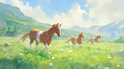 Beautiful scene of three young horses exploring a spacious green pasture, surrounded by gentle hills and clear skies, evoking a sense of innocence and wild spirit.