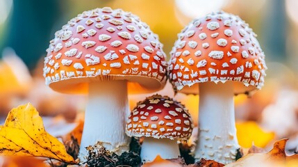 Close-up of three fly agaric mushrooms in autumn foliage.