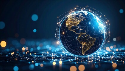 Illuminated globe connected by a network of nodes, resting on a bokeh-filled plane