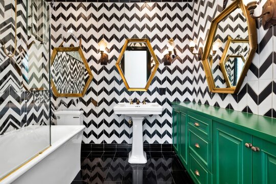 Bold Black and White Chevron Pattern Bathroom with Emerald Green Vanity and Gold Hexagonal Mirrors