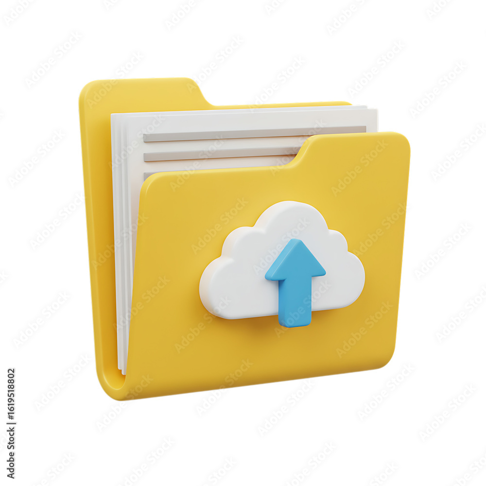Poster Yellow Folder with Cloud and Upload Arrow Icon on transparent background