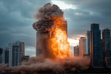 A catastrophic explosion takes place as a missile hits a towering skyscraper in the city on a cloudy day.