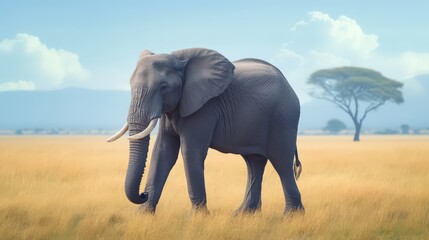 Obraz premium Close-up of a wild elephant in Namibi savannah, surrounded by dry grasses and acacia trees, illustrating the authentic experience of safari journeys.