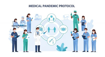 Medical Pandemic Protocol Illustration Featuring Healthcare Workers in Scrubs and Masks Around a Circular Diagram on White Background