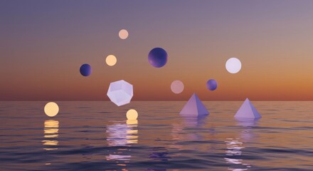 Geometric Shapes Floating Above Water at Sunset, Abstract Art