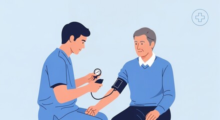 Medical Professional Checking Blood Pressure of an Older Patient With Blue Sphygmomanometer in Light Blue Background Healthcare Setting
