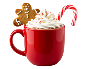 Festive holiday mug with red and white candy cane stripes and hot cocoa inside isolated on transparent background PNG