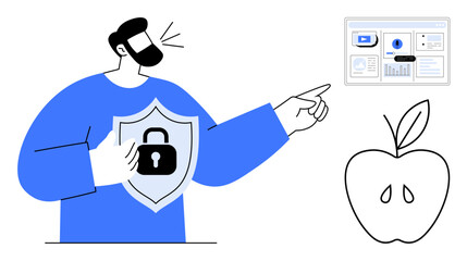 Man holding a shield with a lock symbol, pointing at a screen with data charts, next to an apple. Ideal for cybersecurity, data protection, education, analytics, healthy balance, technology