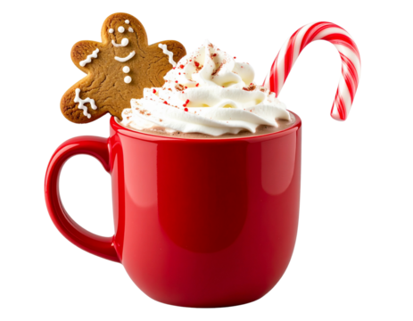 Festive holiday mug with red and white candy cane stripes and hot cocoa inside isolated on transparent background PNG