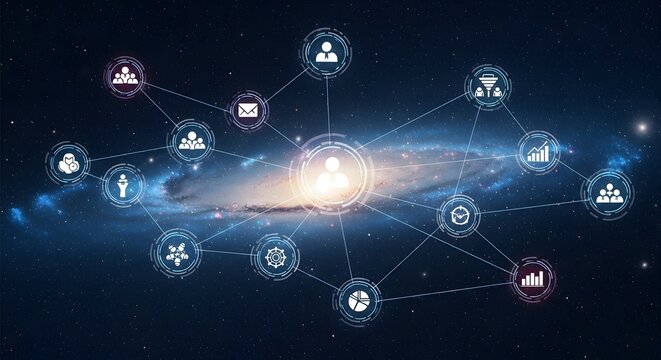 Abstract Glowing Network with HR Icons on Deep Space Background