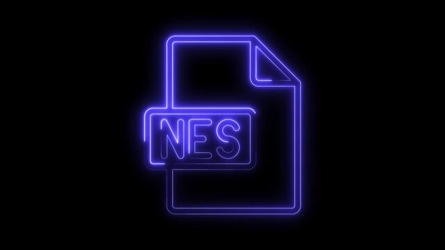 Glowing blue neon N E S file icon symbol on black background futuristic digital technology concept abstract