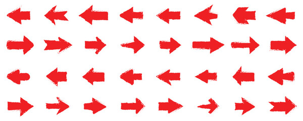 grunge arrow brush, grunge arrow vector. grunge arrow paint. Charcoal or pencil drawn rough red elements for diagrams. Hand drawn grunge arrows collection. 
