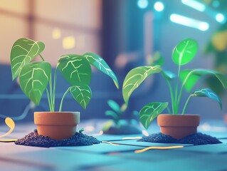 Indoor Greenhouse Plants Growing in Small Pots Under Led Grow Lights