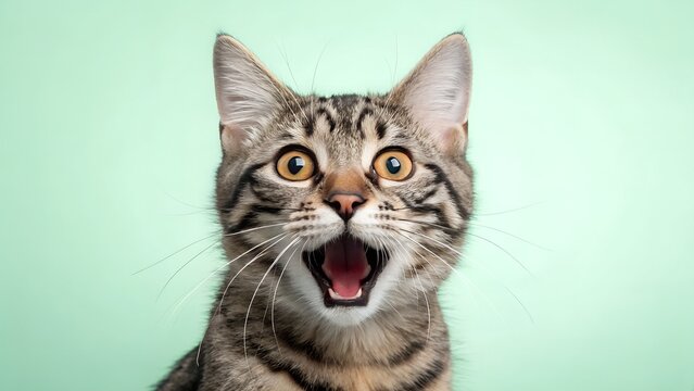 Surprised tabby cat with wide open mouth and big eyes