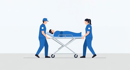 Medical Staff Transporting Patient on a Stretcher in Blue Uniforms Against a White Background in Pixel Art Style