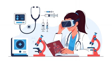 Medical Student Wearing Vr Headset and White Coat with Stethoscope Surrounded by Medical Equipment in White Background
