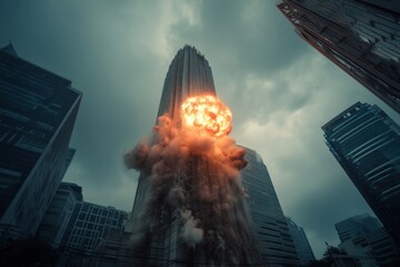A catastrophic explosion takes place as a missile hits a towering skyscraper in the city on a cloudy day.