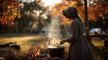 Traditional Campfire Cooking by Woman in Historical Dress