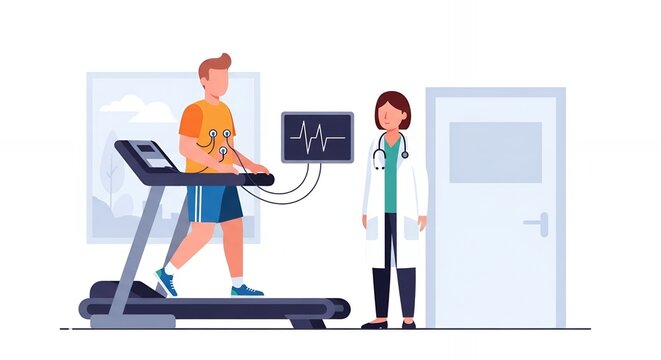 Medical Stress Test with Man on Treadmill and Healthcare Professional in Clinic Setting Heart Rate Monitoring and Flat Design in Neutral Colors