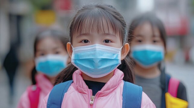 Children wearing face masks outdoors.