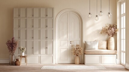 Cream-toned room with arched door, locker-style unit, bench seat, and dried flower accents