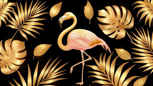 Elegant golden flamingo standing among shimmering gold tropical leaves on a seamless black background, luxurious and modern wall art.
