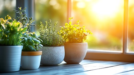 Aromatic herbs in ceramic pots by a sunny window.