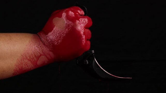 close up shot of Blood-covered hand gripping a sickle or karambit, isolated on black background. Dark, violent, and horror-themed imagery, ideal for Halloween or thriller concepts.
