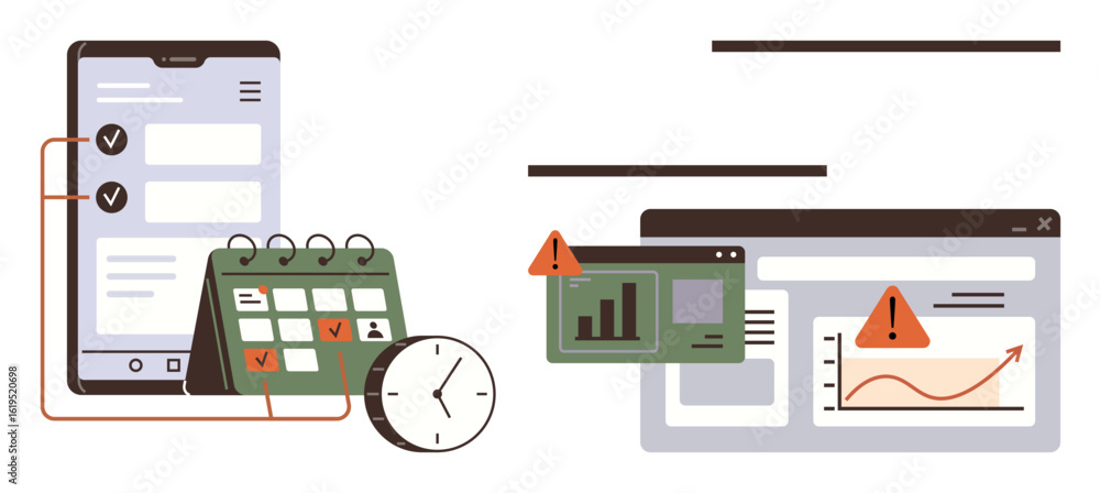 Poster smartphone with checklist, calendar, clock, and alert icons. dashboard displaying graphs and error m