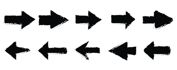 Arrows, Vector arrows, brush strokes, Directional arrows with grunge texture. Vintage arrow button isolated on white background. 