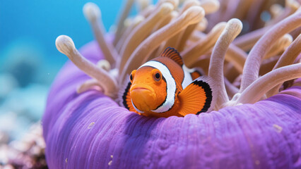 Detailed underwater wildlife image highlighting symbiosis between clownfish and anemone.