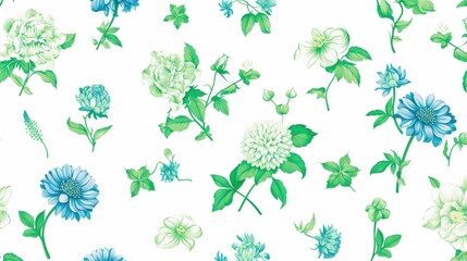 Intricate green-toned seamless pattern of autumn flowers including dahlias, asters, and zinnias, with dogwood berries, in a hand-drawn vintage engraving style.