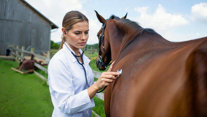 Veterinarian providing checkup to horse in serene rural setting on sunny day