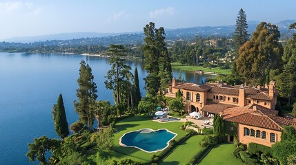 Luxurious lakefront estate with extensive grounds.