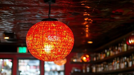 Orange mosaic sphere pendant light in a dimly lit bar.