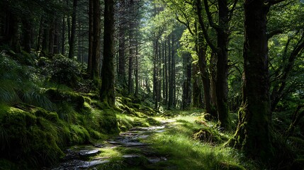 Fototapeta premium Serene green forest sunlight through trees nature woods path calm dark lush moss view image photo .