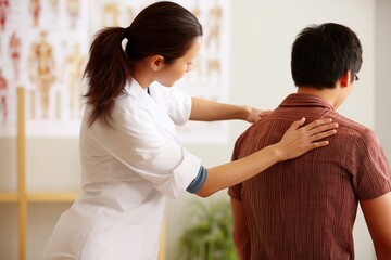 A female chiropractor from Asia is assisting a male patient with a back issue.