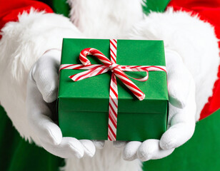  Jolly Santa carrying holiday gift box in festive red gloves isolated on transparent background PNG.jpg