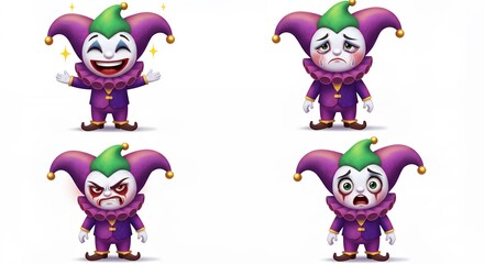 Cartoon jester characters with different expressions