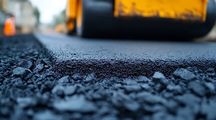 Close-up view of fresh asphalt being laid on a road.