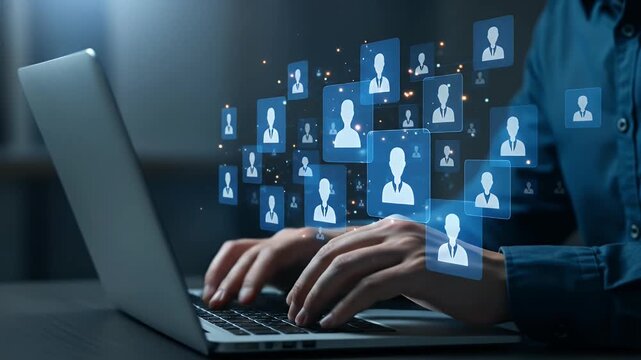 Customer data management and employee data management. CRM customer relationship management. Businessman using laptop computer to manage data.
